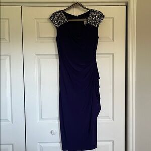 Alex Evenings Deep Purple  Midi Dress with Beaded Cap Sleeves